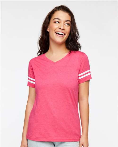 Vintage Hot Pink/ White Women's Football V-Neck Fine Jersey Tee - 3537