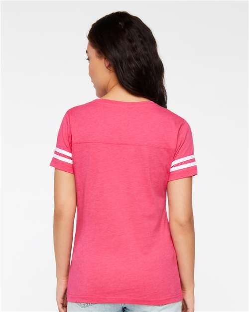 Vintage Hot Pink/ White Women's Football V-Neck Fine Jersey Tee - 3537