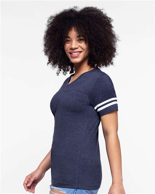 Vintage True Navy/ Blended White Women's Football V-Neck Fine Jersey Tee - 3537