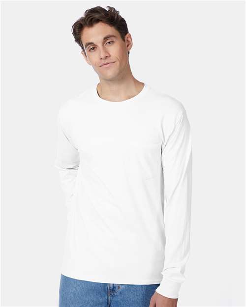 White Authentic Long Sleeve Pocket T-Shirt - 5596