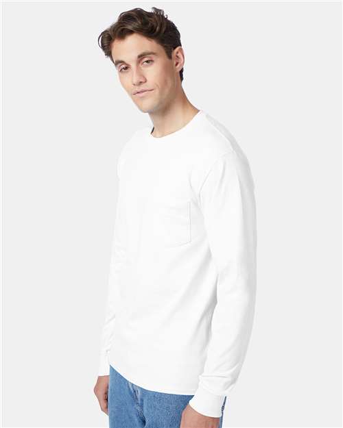 White Authentic Long Sleeve Pocket T-Shirt - 5596