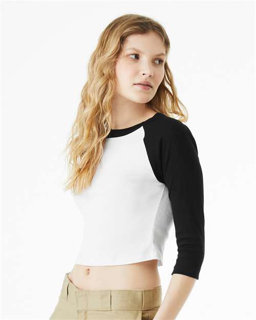 White/ Black Women's Micro Rib 3/4 Raglan Sleeve Baby Tee - 1200