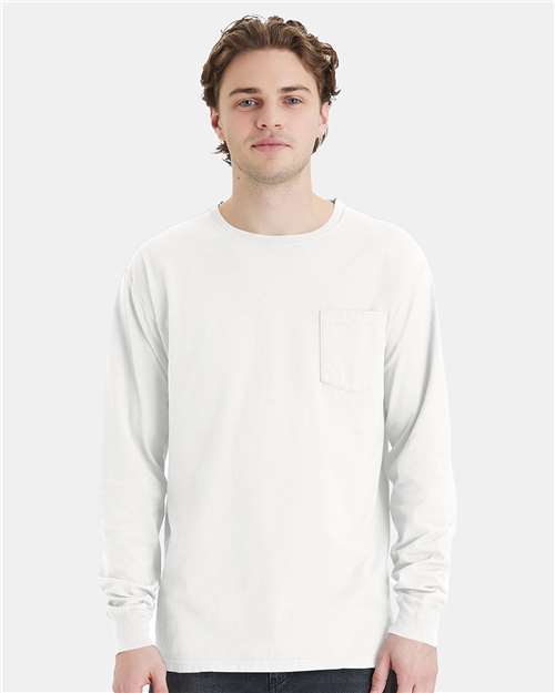 White Garment-Dyed Long Sleeve T-Shirt With a Pocket - GDH250