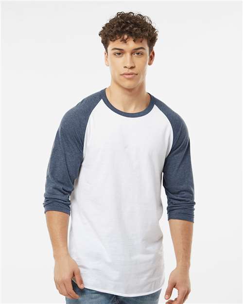 White/ Heather Denim Fine Jersey Raglan T-Shirt - 245