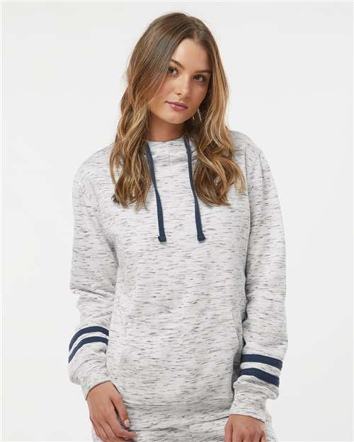 White/ Navy Women’s Mélange Fleece Striped-Sleeve Hooded Sweatshirt - 8674