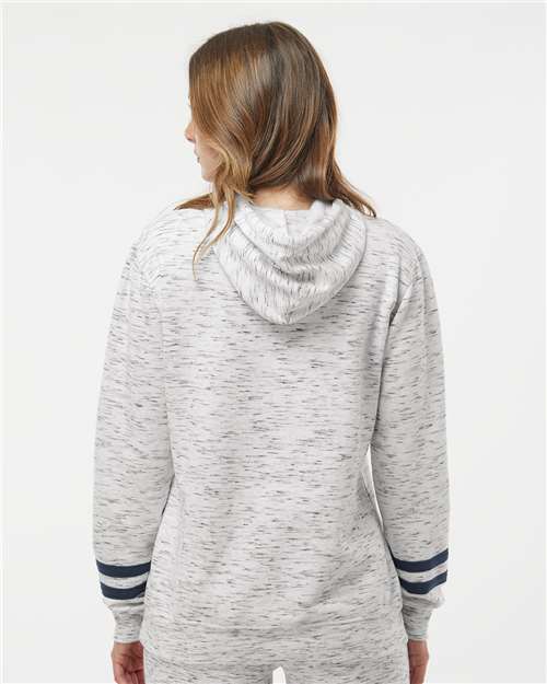 White/ Navy Women’s Mélange Fleece Striped-Sleeve Hooded Sweatshirt - 8674