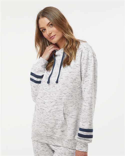 White/ Navy Women’s Mélange Fleece Striped-Sleeve Hooded Sweatshirt - 8674