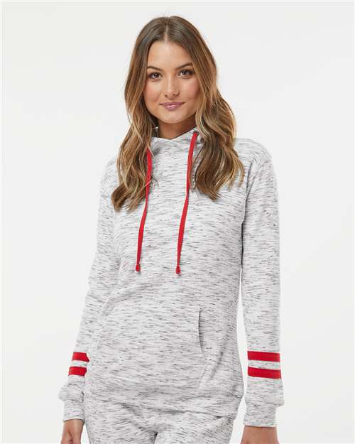 White/ Red Women’s Mélange Fleece Striped-Sleeve Hooded Sweatshirt - 8674
