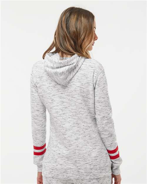 White/ Red Women’s Mélange Fleece Striped-Sleeve Hooded Sweatshirt - 8674