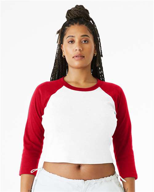 White/ Red Women's Micro Rib 3/4 Raglan Sleeve Baby Tee - 1200