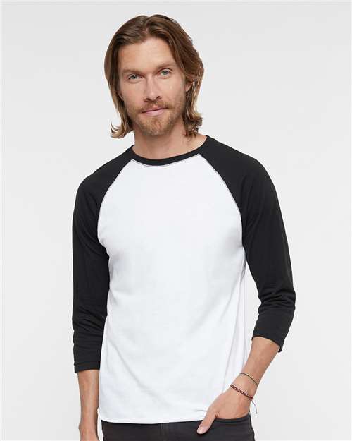 White Solid/ Black Baseball Fine Jersey Three-Quarter Sleeve Tee - 6930