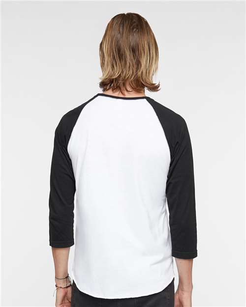 White Solid/ Black Baseball Fine Jersey Three-Quarter Sleeve Tee - 6930