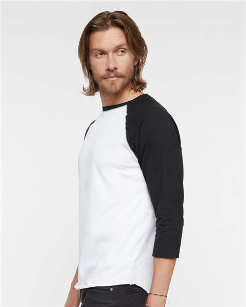 White Solid/ Black Baseball Fine Jersey Three-Quarter Sleeve Tee - 6930