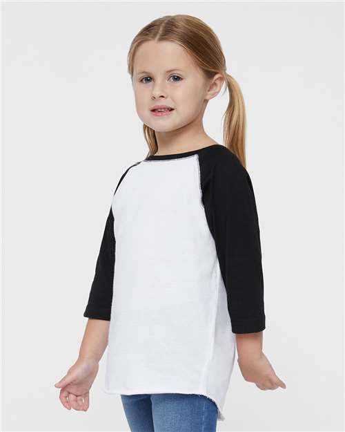 White Solid/ Black Toddler Baseball Fine Jersey Three-Quarter Sleeve Tee - 3330
