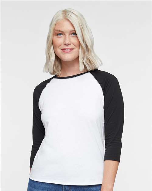White Solid/ Black Women's Baseball Fine Jersey Three-Quarter Sleeve Tee - 3530
