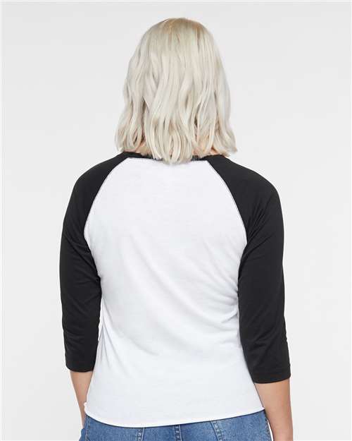 White Solid/ Black Women's Baseball Fine Jersey Three-Quarter Sleeve Tee - 3530