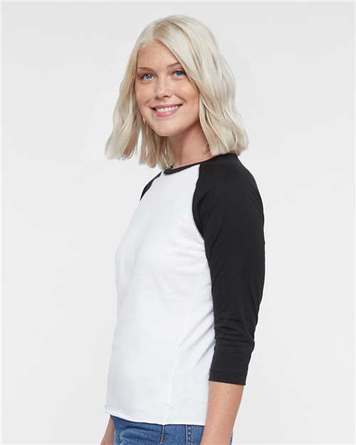 White Solid/ Black Women's Baseball Fine Jersey Three-Quarter Sleeve Tee - 3530