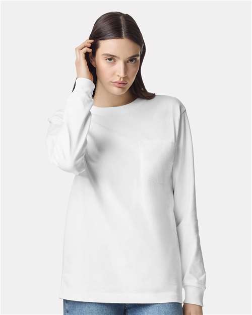 White Super Heavyweight Long Sleeve Pocket Tee - 9410