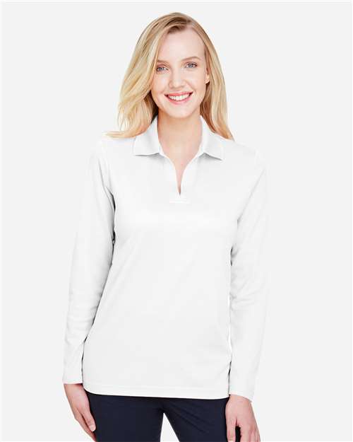 White Women's CrownLux Performance® Plaited Long Sleeve Polo - DG20LW