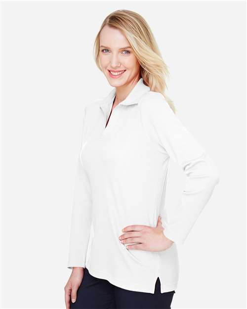 White Women's CrownLux Performance® Plaited Long Sleeve Polo - DG20LW