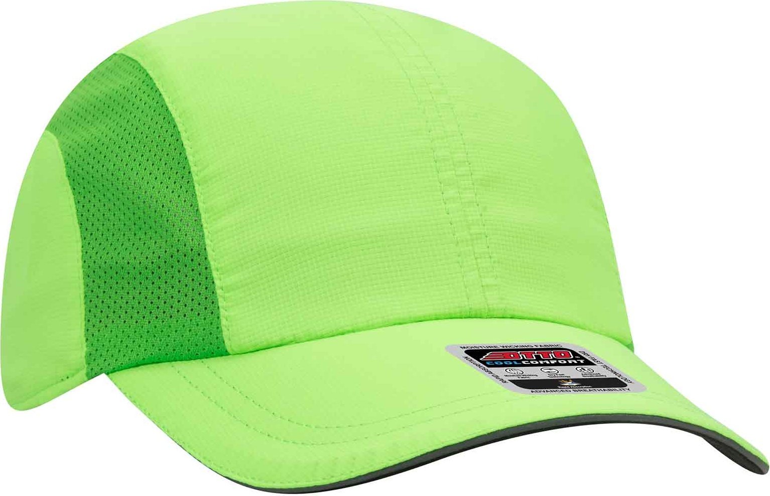 OTTO 133-1240 6 Panel Polyester Pongee with Mesh Inserts and Reflective Sandwich Visor Running Cap - Neon Green - HIT a Double - 1