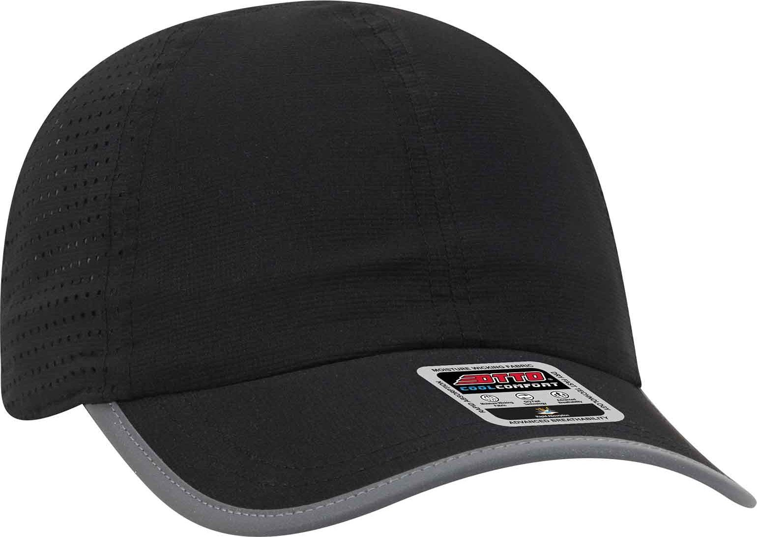 OTTO 133-1258 6 Panel Textured Polyester Pongee with Mesh Inserts Reflective Sandwich Visor Running Cap - Black - HIT a Double - 1