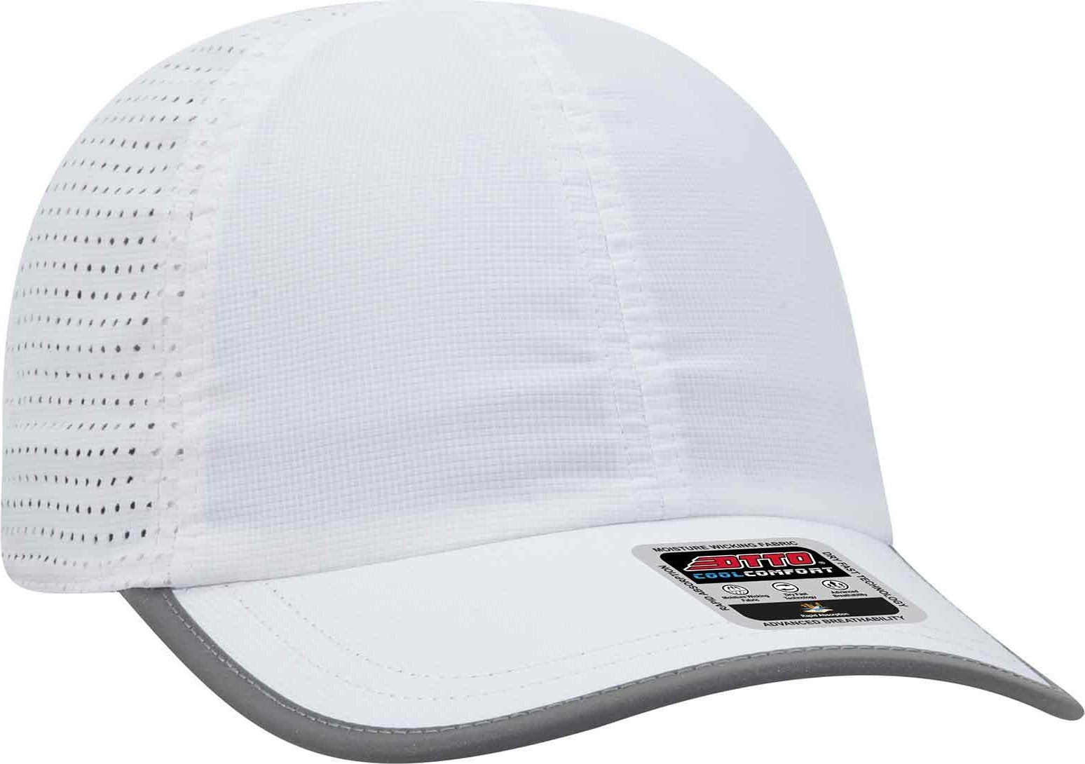 OTTO 133-1258 6 Panel Textured Polyester Pongee with Mesh Inserts Reflective Sandwich Visor Running Cap - White - HIT a Double - 1