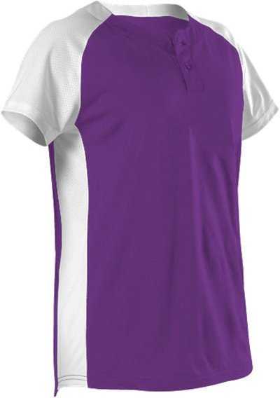 Alleson Athletic 522PDWG Girl&#39;s Two Button Fastpitch Jersey - Purple White - HIT a Double - 1