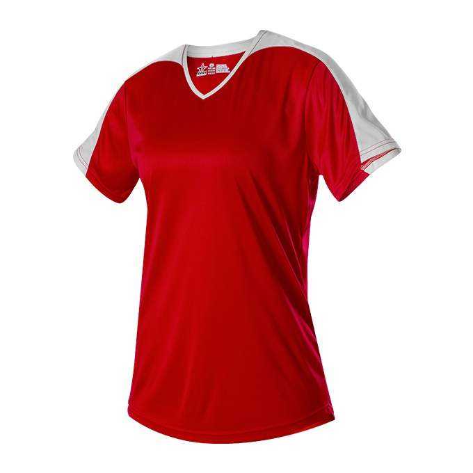 Alleson Athletic 558VG Girls V Neck Fastpitch Jersey - Red White - HIT a Double - 1