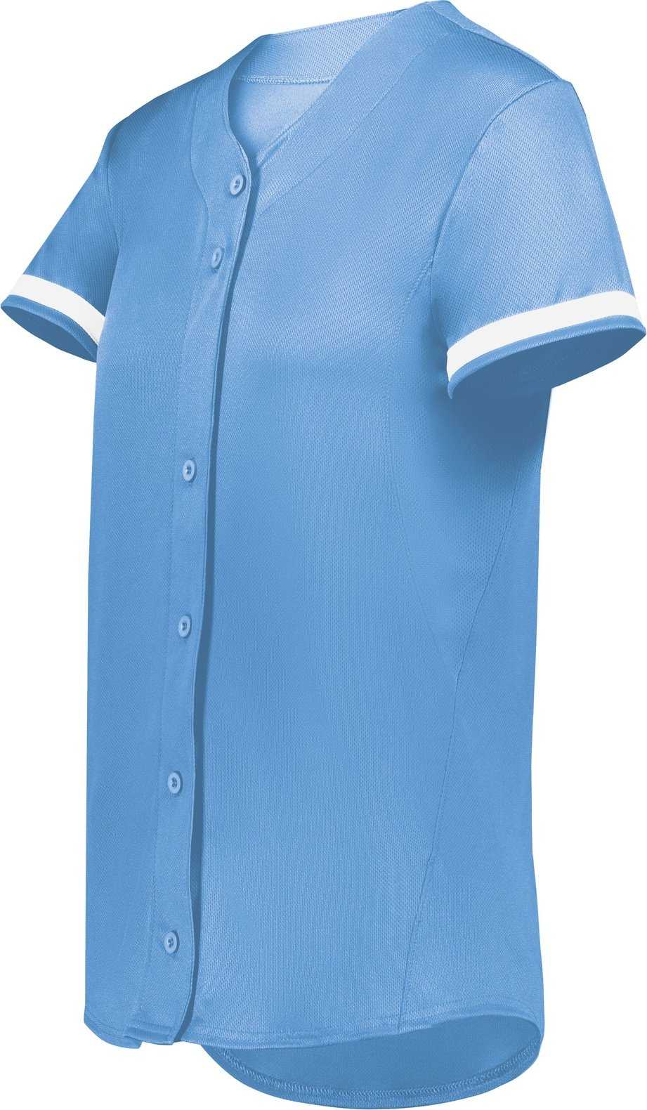 Augusta 6919 Ladies Cutter+ Full Button Softball Jersey - Columbia Blue White - HIT a Double