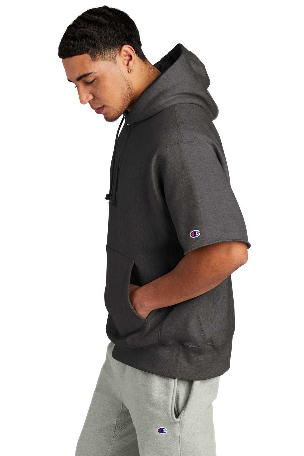 Champion S101SS Reverse Weave Short Sleeve Hooded Sweatshirt - Charcoal Heather - HIT a Double - 3