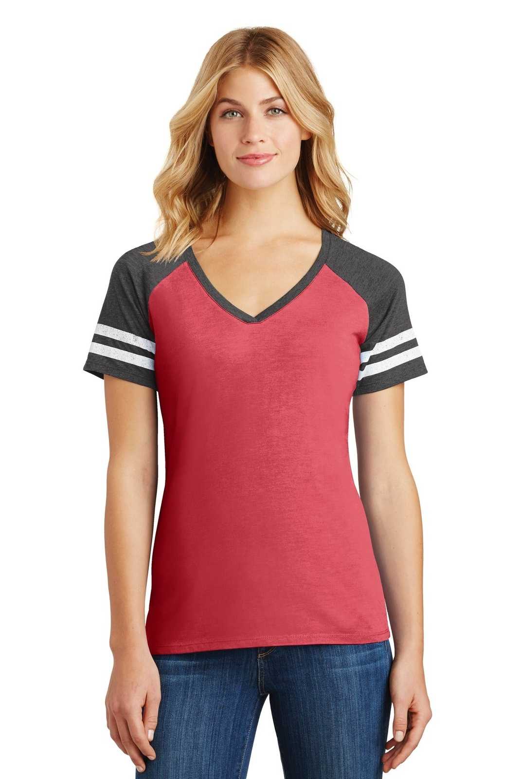 District DM476 Women's Game V-Neck Tee - Heathered Red Heathered Charcoal - HIT a Double - 1