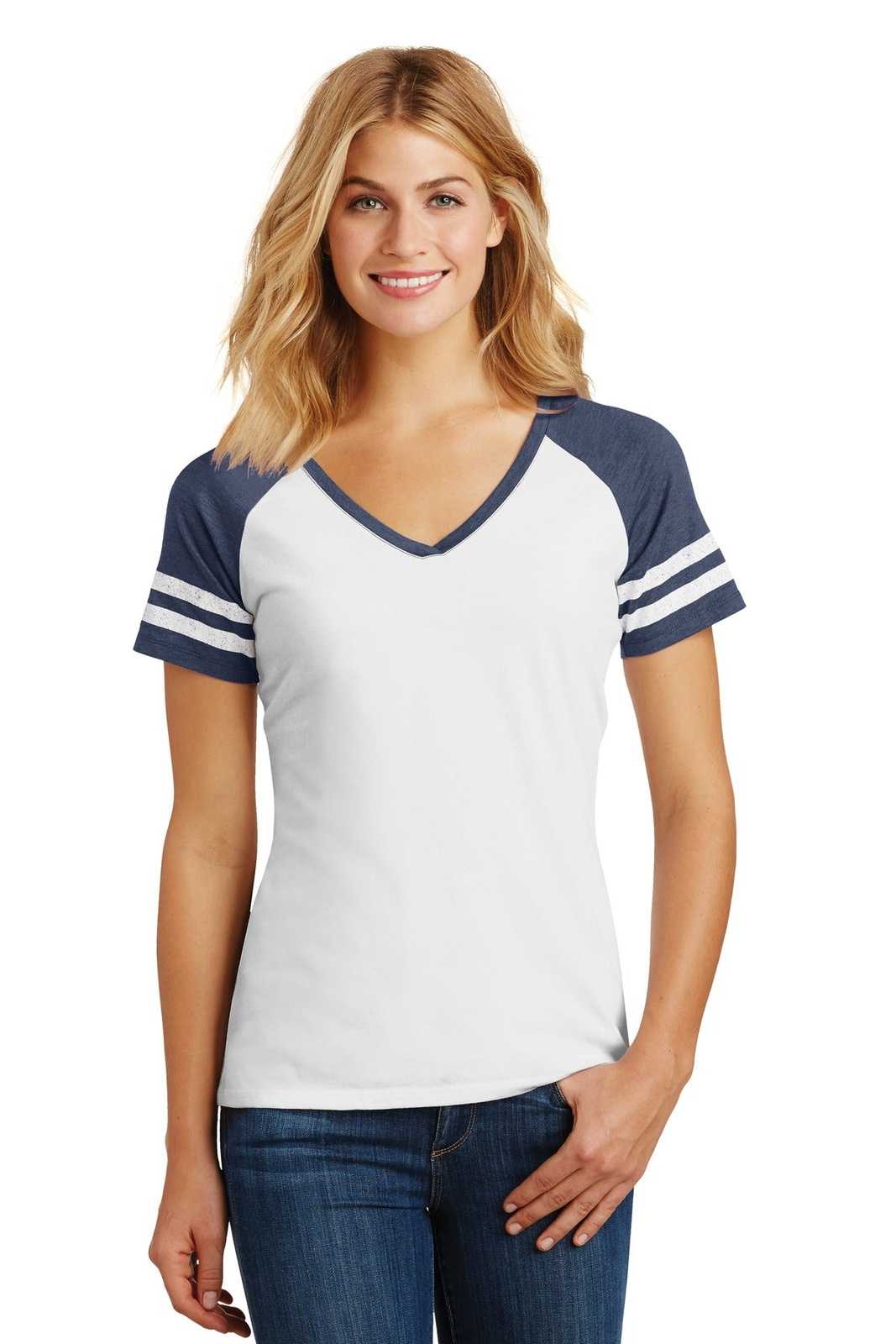 District DM476 Women's Game V-Neck Tee - White Heathered True Navy - HIT a Double - 1