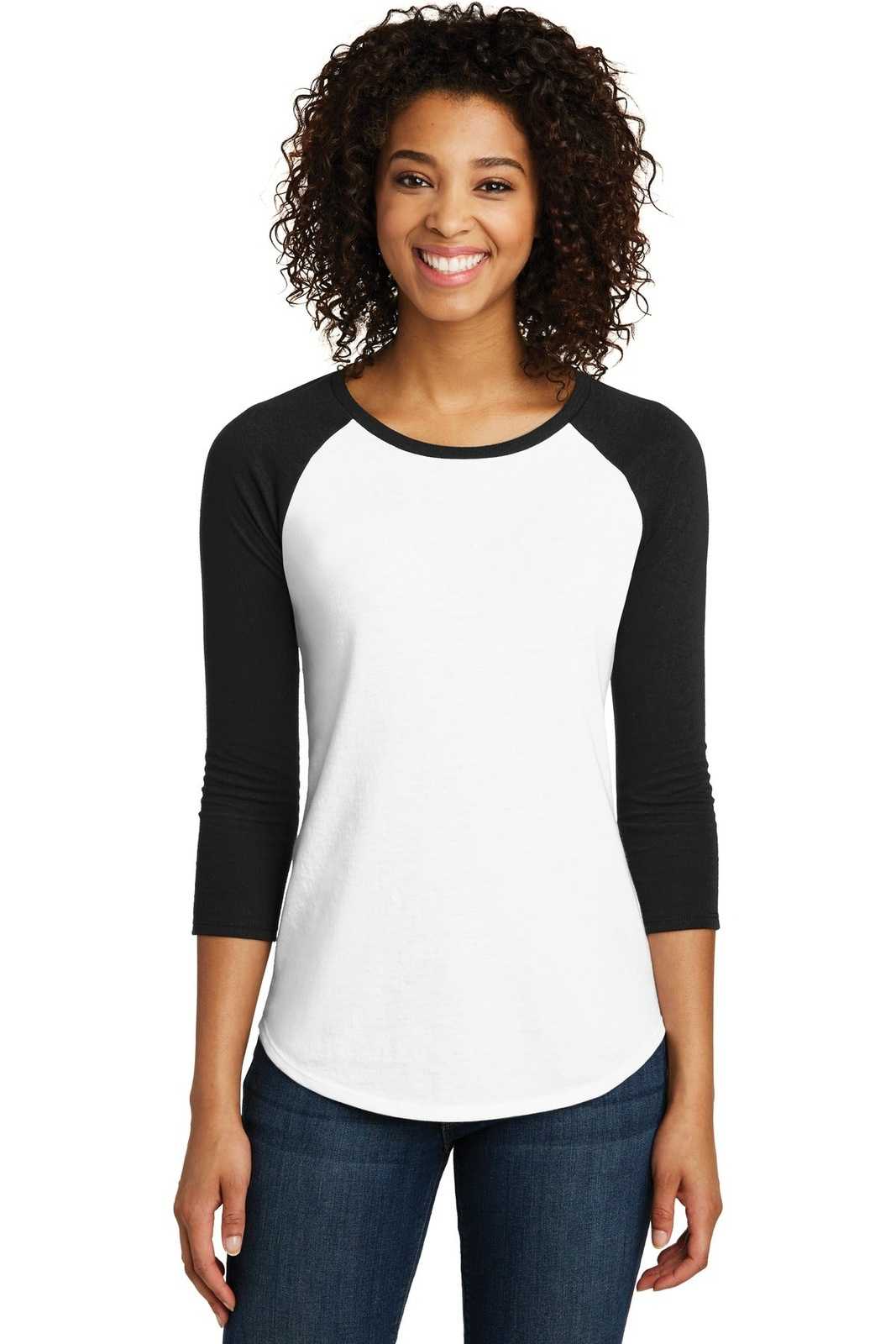 District DT6211 Women's Fitted Very Important Tee 3/4-Sleeve Raglan - Black White - HIT a Double - 1