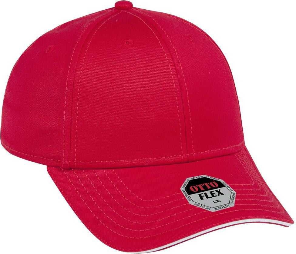OTTO 12-1163 Stretchable Superior Cotton Twill Sandwich Visor Flex 6 Panel Low Profile Baseball Cap - Red Red White - HIT a Double - 1