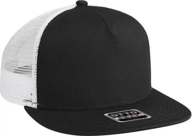 OTTO 154-1124 Superior Cotton Twill Round Flat Visor 5 Panel Pro Style Mesh Back Trucker Snapback Hat - Black Black White - HIT a Double - 1