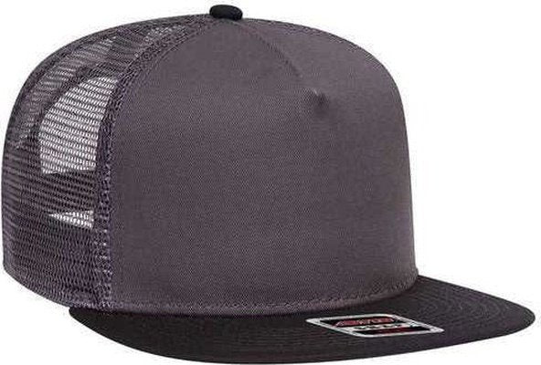 OTTO 154-1124 Superior Cotton Twill Round Flat Visor 5 Panel Pro Style Mesh Back Trucker Snapback Hat - Black Charcoal Charcoal - HIT a Double - 1