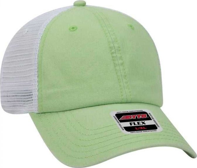 OTTO 169-1264 OTTO Flex 6 Panel Low Profile Garment Washed Pigment Dyed Superior Cotton Twill w/ Soft Polyester Mesh Back Cap - Lime Lime White - HIT a Double - 1