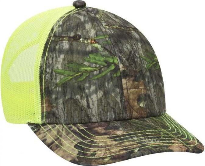 OTTO 171-1293 Mossy Oak Camouflage Superior Polyester Twill 6 Panel Low Profile Mesh Back Baseball Cap - Obsession Neon Yellow - HIT a Double - 1