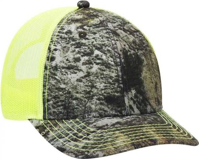 OTTO 171-1293 Mossy Oak Camouflage Superior Polyester Twill 6 Panel Low Profile Mesh Back Baseball Cap - Mountain Country Range Neon Yellow - HIT a Double - 1