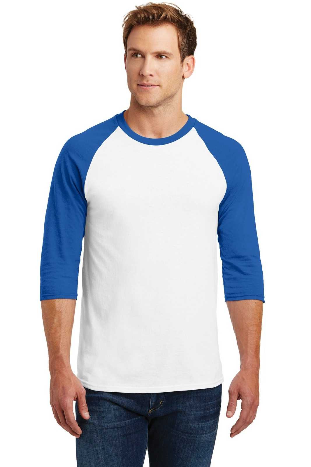 Gildan 5700 Heavy Cotton&#8482; 3/4-Sleeve Raglan T-Shirt - White Royal - HIT a Double