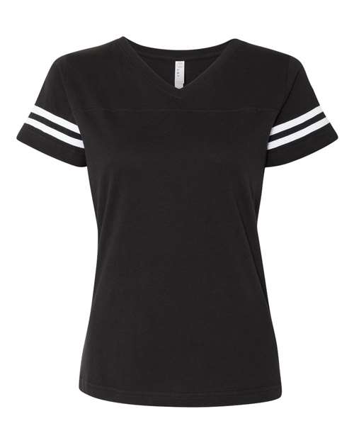 Lat 3537 Women's Football V-Neck Fine Jersey Tee - Black Solid White - HIT a Double
