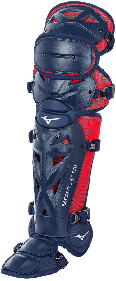 Mizuno Samurai Adult Baseball Shin Guards 16.5 Navy Red HIT a Double