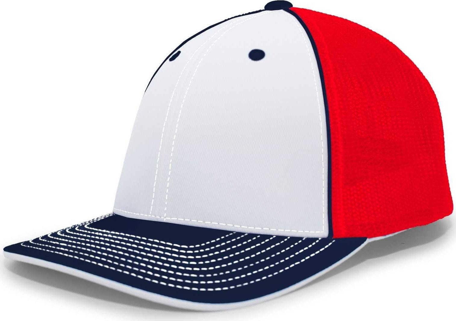 Pacific Headwear 404M Trucker Flexfit Cap - White Navy Red - HIT a Double