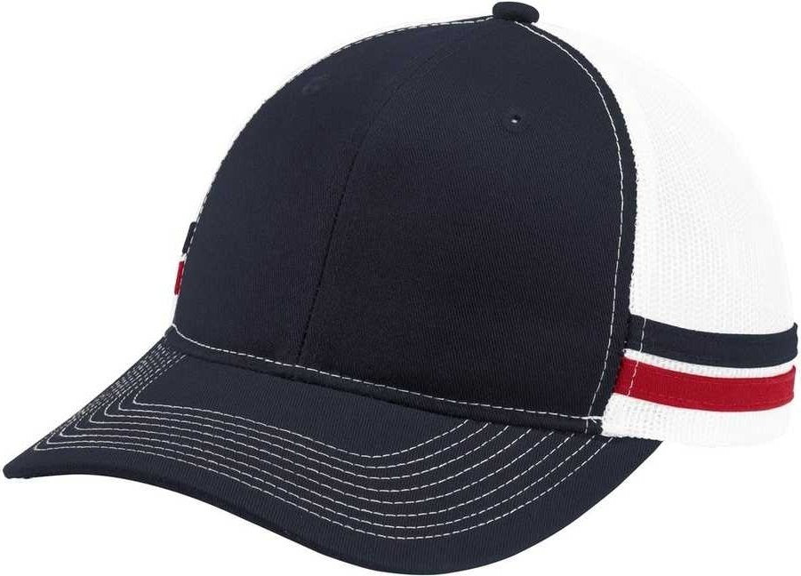 Port Authority C113 Two-Stripe Snapback Trucker Cap - Rich Navy Flame Red White - HIT a Double - 1