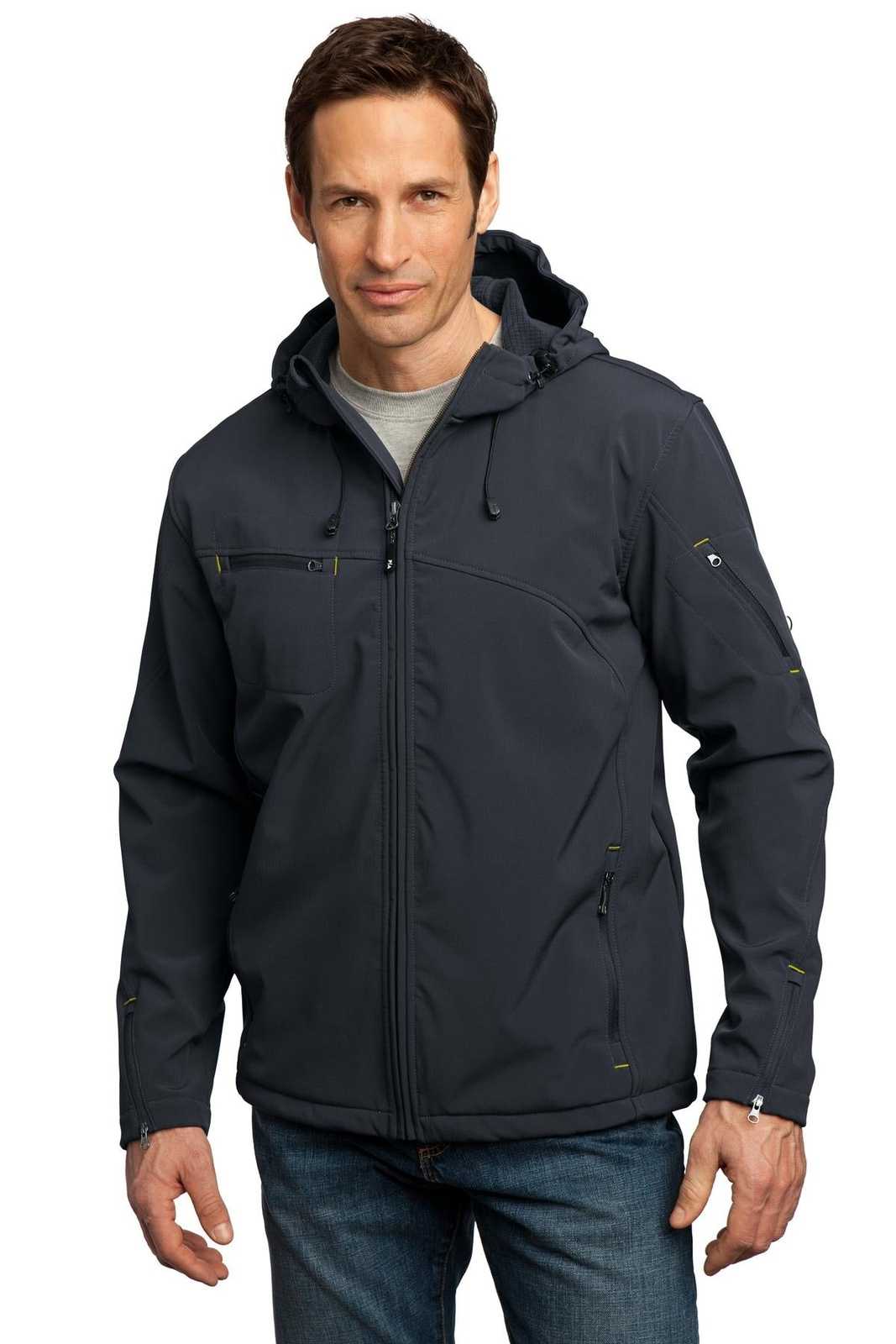 Port Authority J706 Textured Hooded Soft Shell Jacket - Charcoal Lemon Yellow - HIT a Double - 1