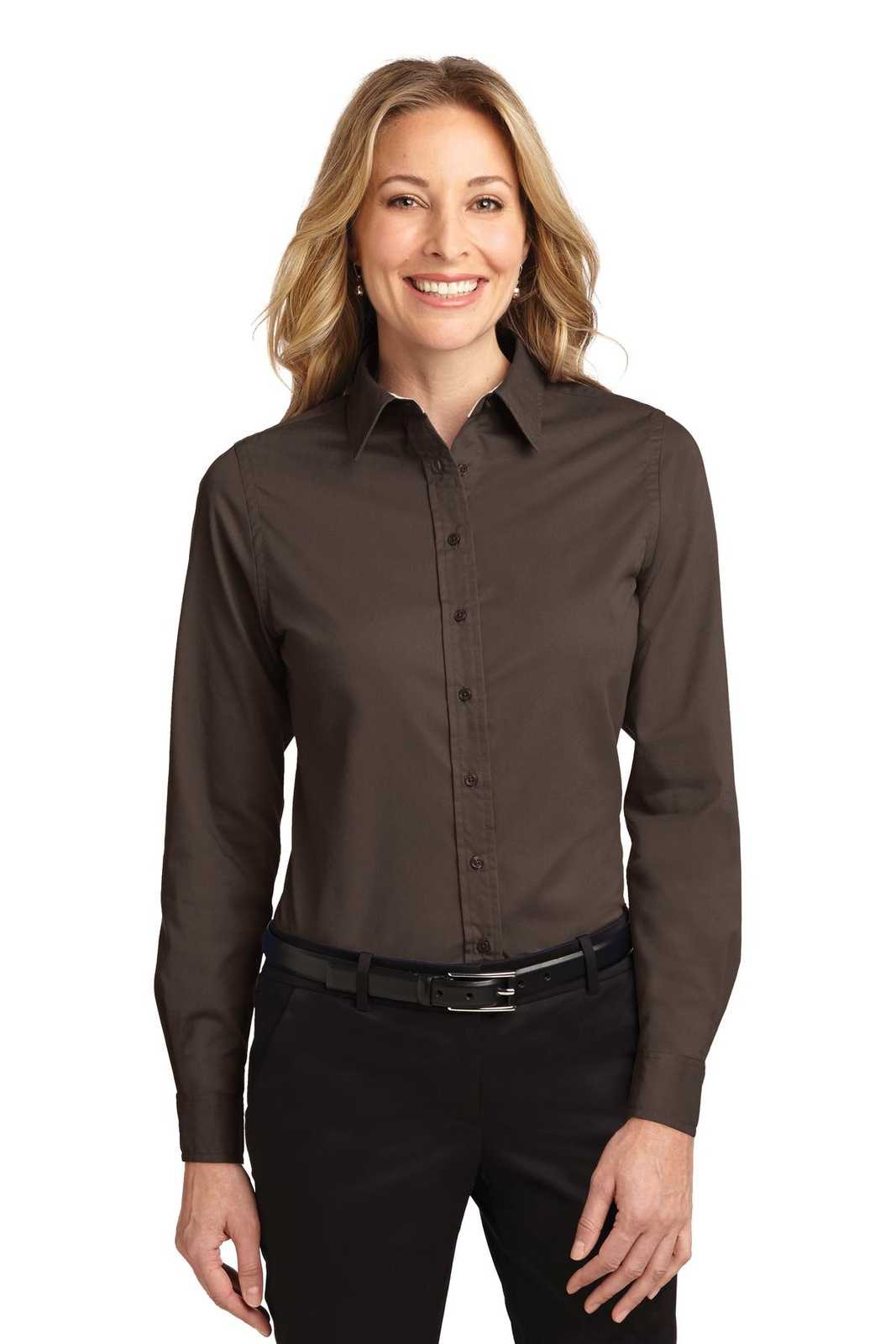 Port Authority L608 Ladies Long Sleeve Easy Care Shirt - Coffee Bean Light Stone - HIT a Double - 1
