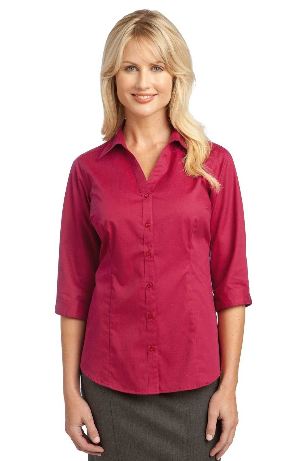 Port Authority L6290 Improved Ladies 3/4-Sleeve Blouse - Raspberry Pink - HIT a Double - 1