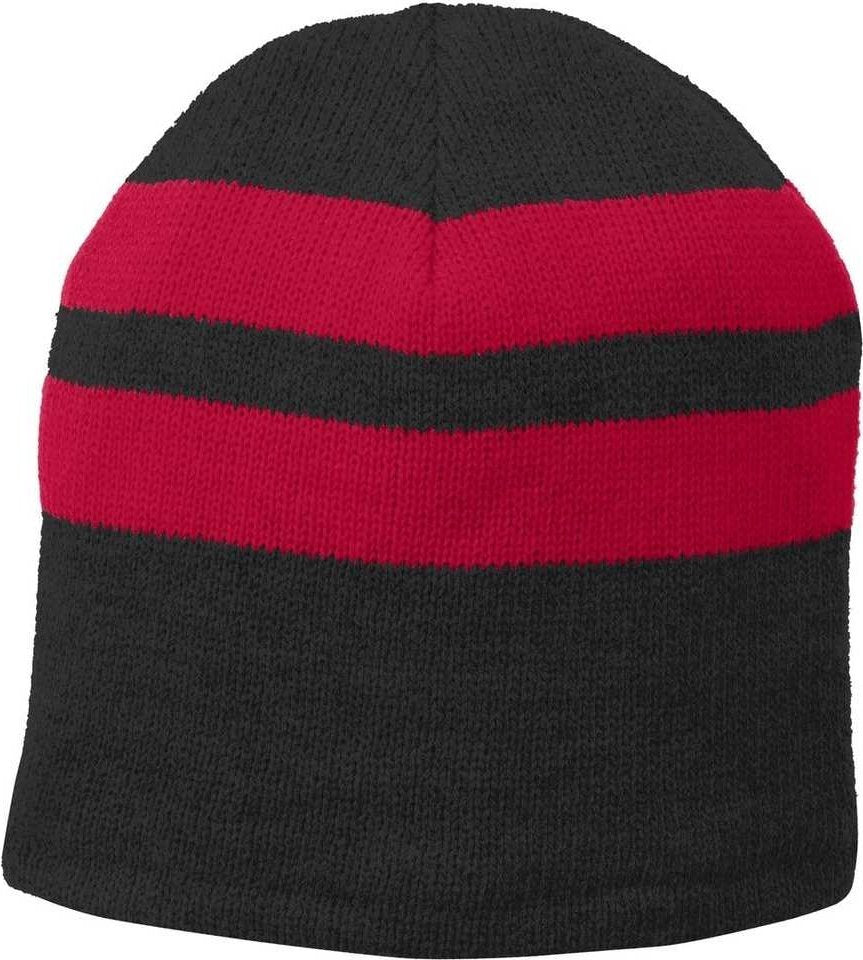 Port &amp; Company C922 Fleece-Lined Striped Beanie Cap - Black Athletic Red - HIT a Double - 1