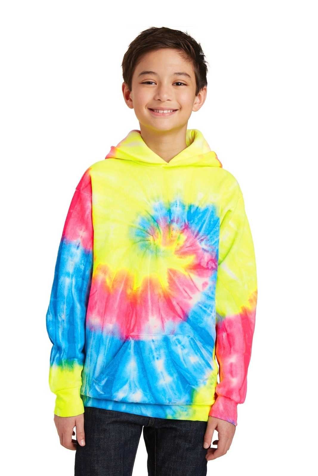 Port & Company PC146Y Youth Tie-Dye Pullover Hooded Sweatshirt - Neon Rainbow - HIT a Double - 1